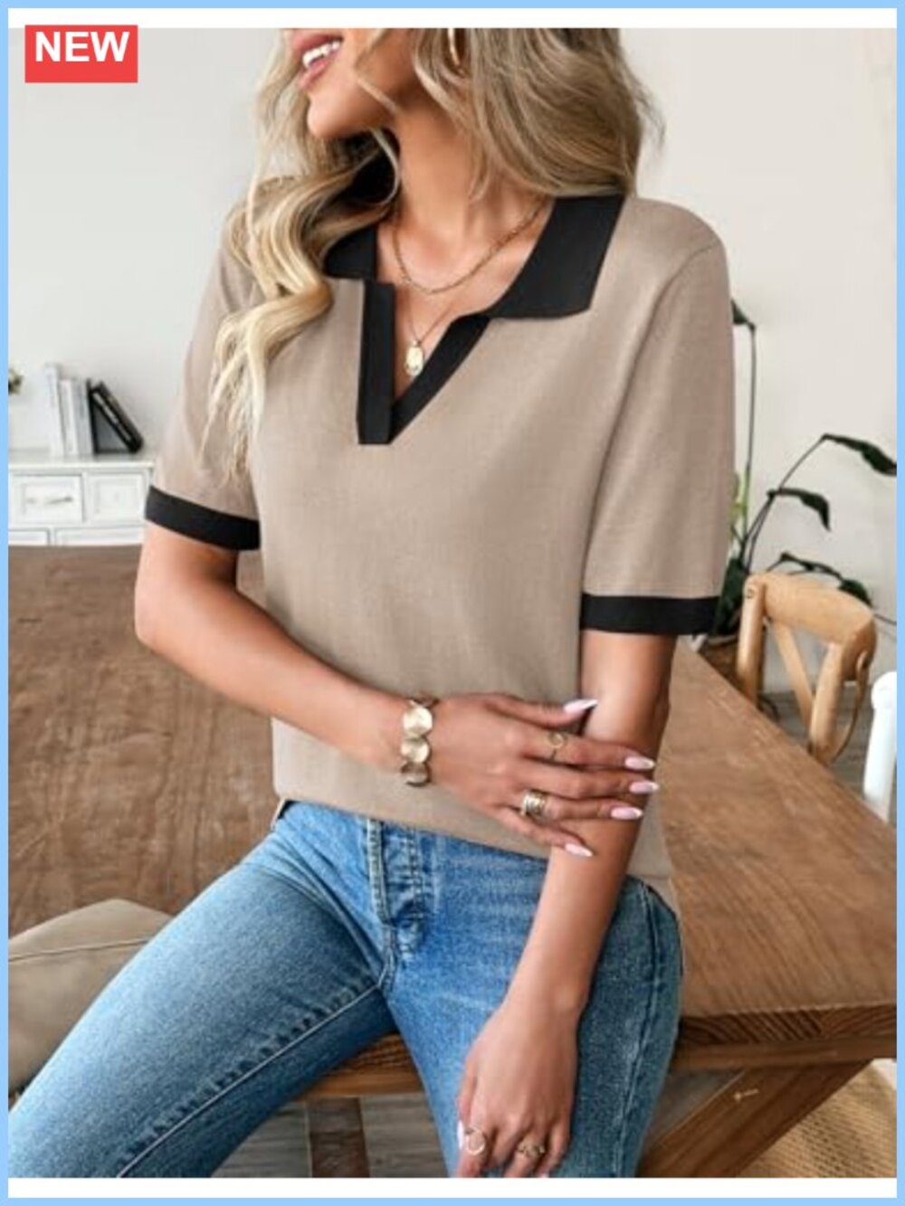 Viscose Knit Polo Sweater Short Sleeve V-Neck Business Casual Pullover Top - Picture 3 of 6